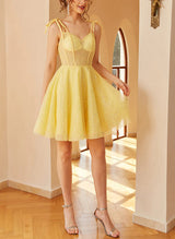 A-Line V-neck Long Sleeves Short/Mini Tulle Homecoming Dresses-Ballbella