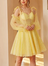 A-Line V-neck Long Sleeves Short/Mini Tulle Homecoming Dresses-Ballbella