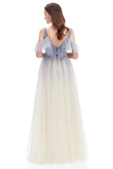 A-line V-neck Sequined Floor-length Off-the-shoulder Beaded Applique Open Back Prom Dress-Ballbella