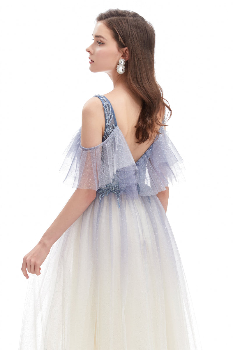 A-line V-neck Sequined Floor-length Off-the-shoulder Beaded Applique Open Back Prom Dress-Ballbella