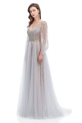 A-line V-neck Sequined Floor-length Open Back Long Sleeve Appliques Lace Prom Dress-Ballbella