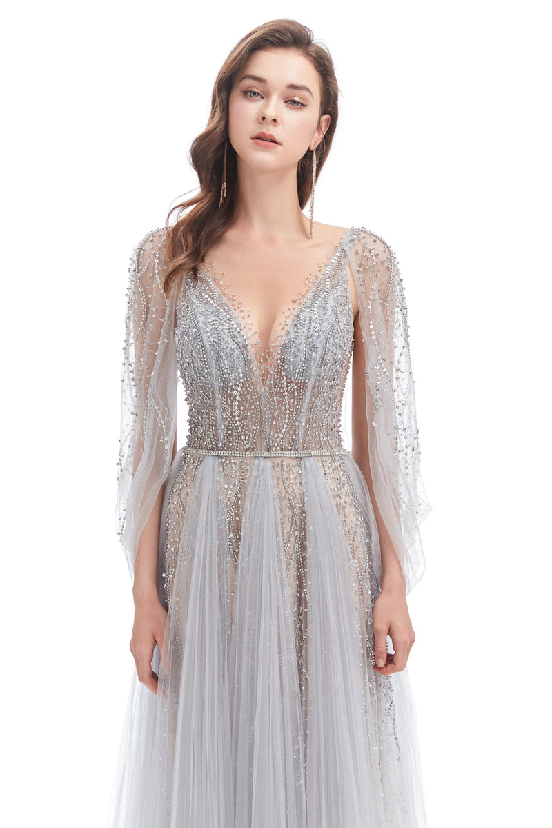 A-line V-neck Sequined Floor-length Open Back Long Sleeve Appliques Lace Prom Dress A-line V-neck Sequined Floor-length Open Back Long Sleeve Appliques Lace Prom Dress