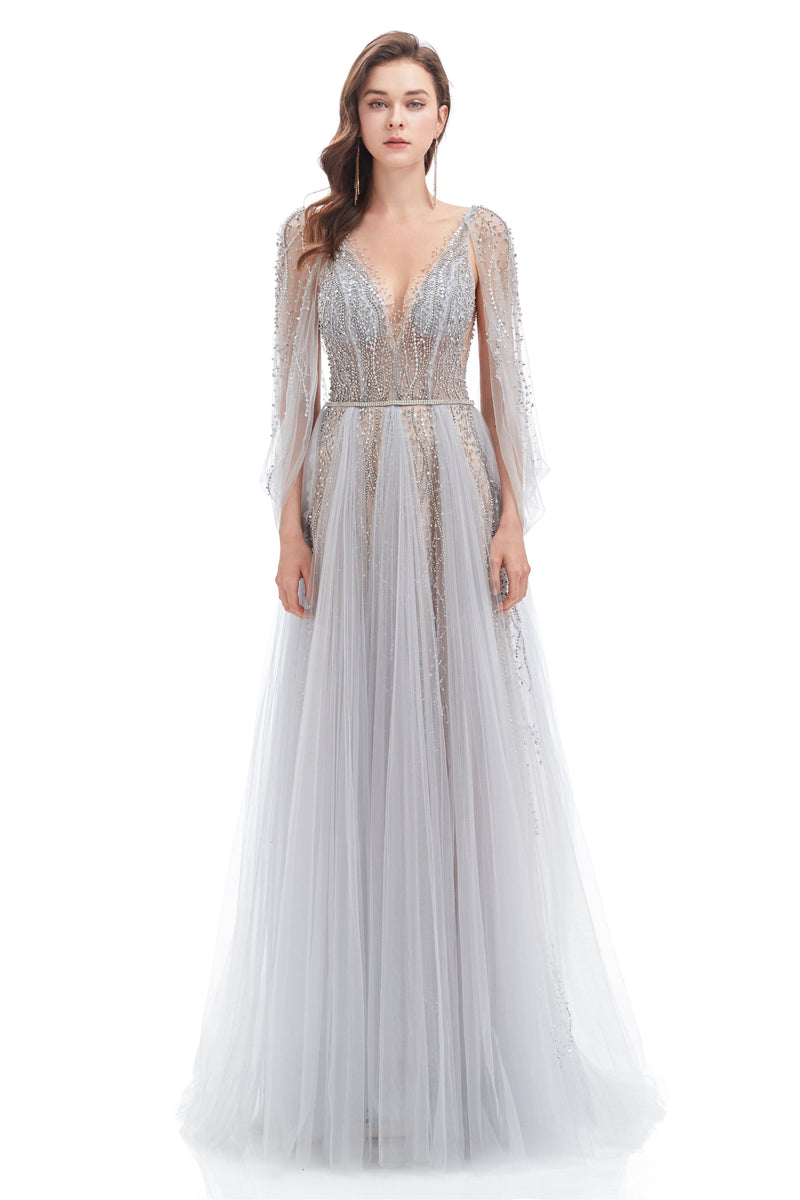 A-line V-neck Sequined Floor-length Open Back Long Sleeve Appliques Lace Prom Dress-Ballbella