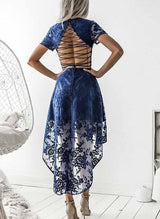 A-Line V-Neck Short Sleeves Asymmetrical Lace Homecoming Dresses-Ballbella