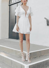 A-Line V-Neck Short Sleeves Short/Mini Sequined Homecoming Dresses-Ballbella