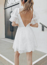 A-Line V-Neck Short Sleeves Short/Mini Sequined Homecoming Dresses-Ballbella