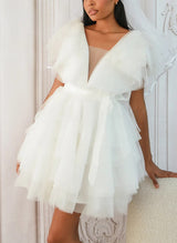 A-Line V-neck Short Sleeves Short/Mini Tulle Homecoming Dresses-Ballbella
