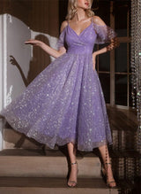 A-Line V-Neck Short Sleeves Tea-Length Homecoming Dresses-Ballbella