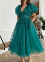 A-Line V-Neck Short Sleeves Tea-Length Tulle Homecoming Dresses-Ballbella