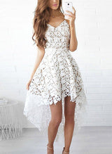 A-Line V-Neck Sleeveless Asymmetrical Lace Homecoming Dresses-Ballbella