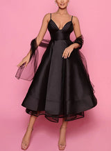 A-Line V-Neck Sleeveless Satin/Tulle Homecoming Dresses With Pockets-Ballbella
