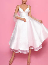 A-Line V-Neck Sleeveless Satin/Tulle Homecoming Dresses With Pockets-Ballbella