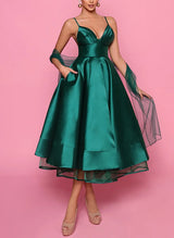 A-Line V-Neck Sleeveless Satin/Tulle Homecoming Dresses With Pockets-Ballbella