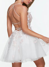 A-Line V-Neck Sleeveless Short/Mini Lace/Tulle Homecoming Dresses-Ballbella