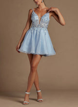 A-Line V-Neck Sleeveless Short/Mini Lace/Tulle Homecoming Dresses-Ballbella