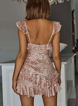 A-Line V-Neck Sleeveless Short/Mini Sequined Homecoming Dresses-Ballbella