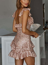 A-Line V-Neck Sleeveless Short/Mini Sequined Homecoming Dresses-Ballbella