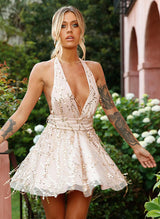 A-Line V-Neck Sleeveless Short/Mini Sequined Homecoming Dresses With Bow(s)-Ballbella