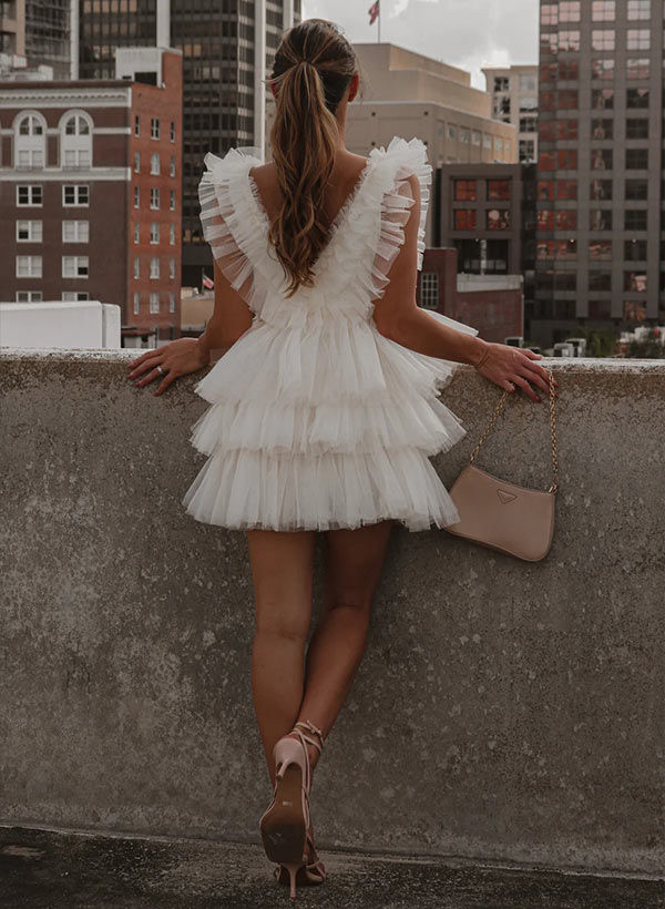 mini tulle homecoming dress A-Line V-Neck Sleeveless Short/Mini Tulle Homecoming Dresses