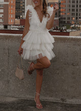 A-Line V-Neck Sleeveless Short/Mini Tulle Homecoming Dresses-Ballbella