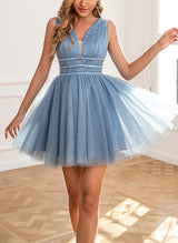 A-Line V-neck Sleeveless Short/Mini Tulle Homecoming Dresses-Ballbella