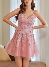 A-Line V-neck Sleeveless Short/Mini Tulle Homecoming Dresses With Appliques Lace-Ballbella