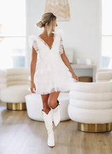 A-Line V-Neck Sleeveless Short/Mini Tulle Homecoming Dresses With Cascading Ruffles-Ballbella