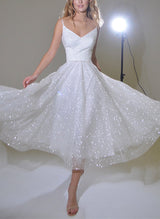 A-Line V-Neck Sleeveless Tea-Length Sequined Homecoming Dresses-Ballbella