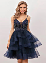 A-Line V-Neck Sleeveless Tulle Short/Mini Homecoming Dress With Pleated-Ballbella
