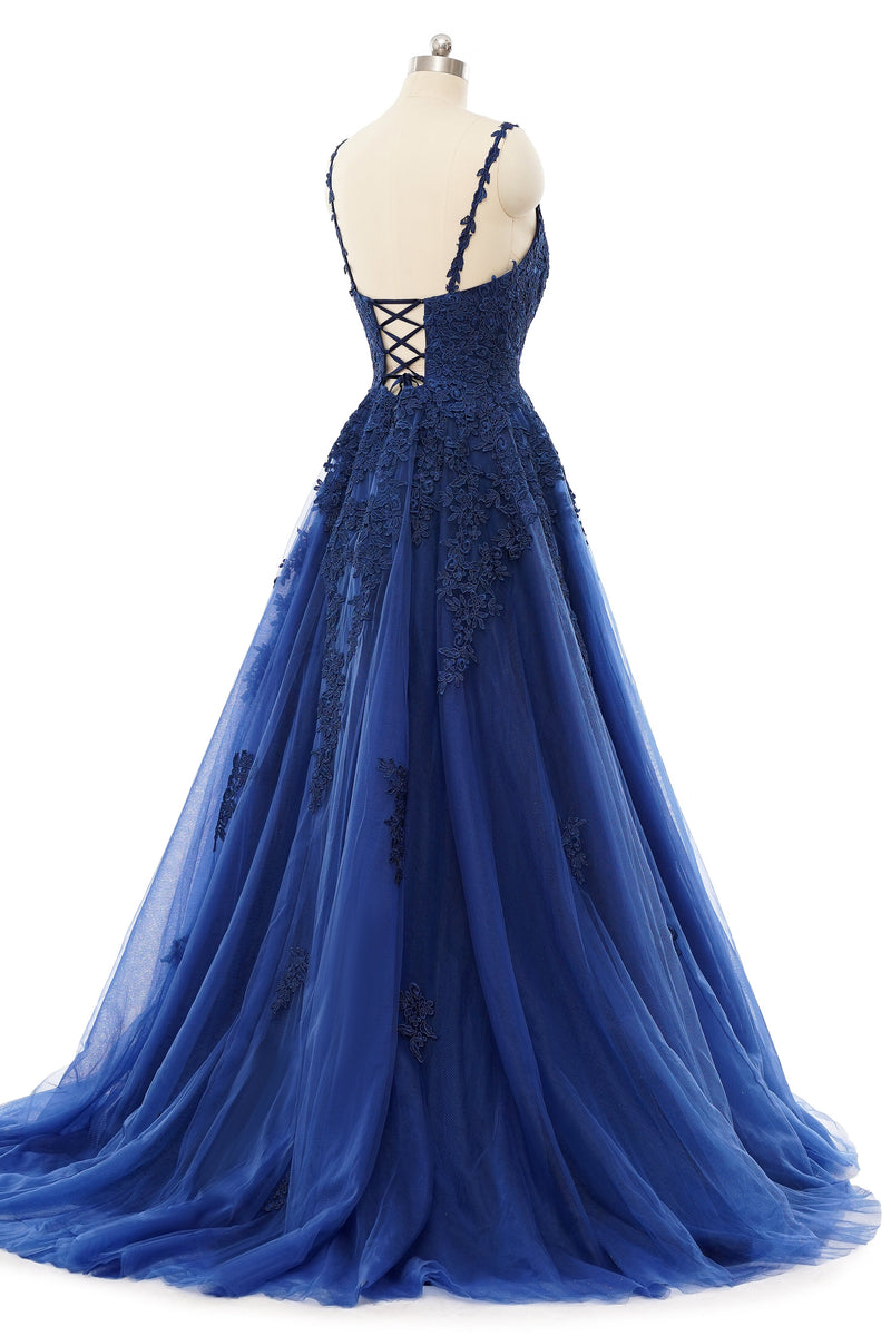 A-line V-neck Spaghetti strap Floor-length Sleeveless Backless Appliques Lace Elegant Prom Dress-Ballbella