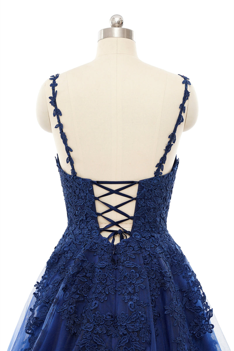 A-line V-neck Spaghetti strap Floor-length Sleeveless Backless Appliques Lace Elegant Prom Dress-Ballbella