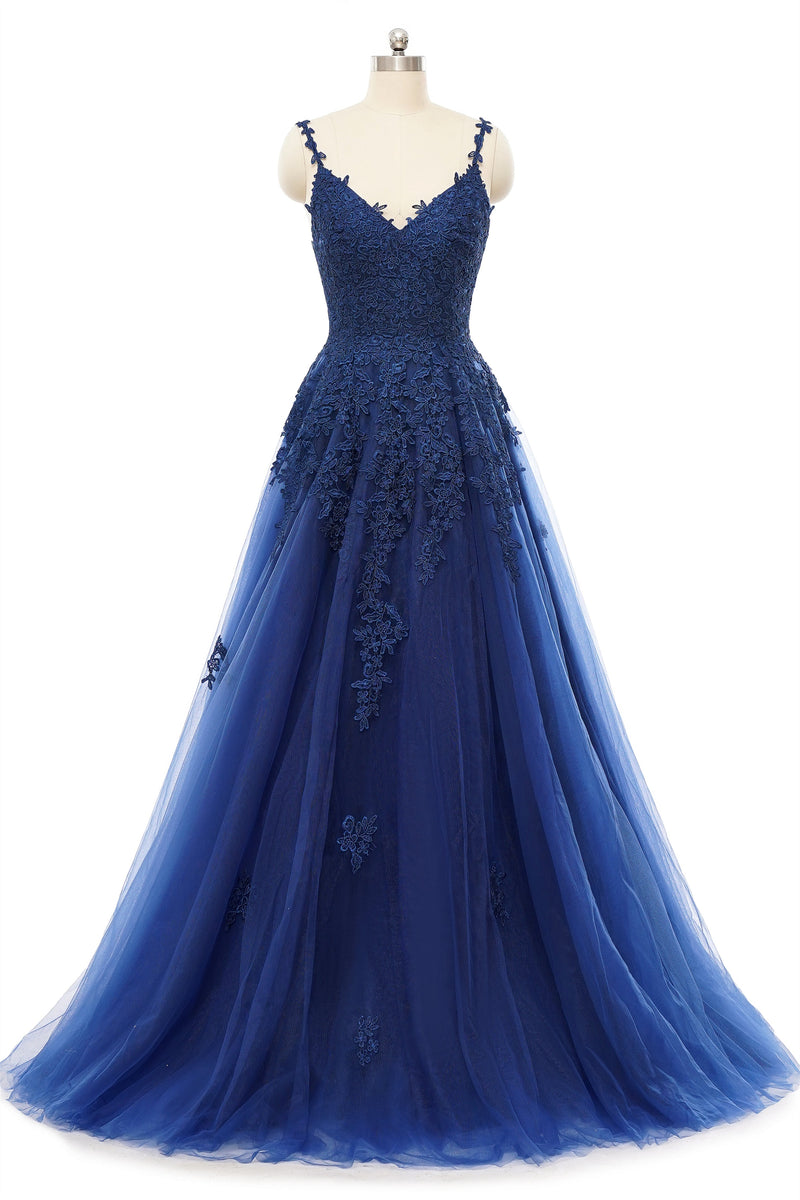 A-line V-neck Spaghetti strap Floor-length Sleeveless Backless Appliques Lace Elegant Prom Dress A-line V-neck Spaghetti strap Floor-length Sleeveless Backless Appliques Lace Elegant Prom Dress