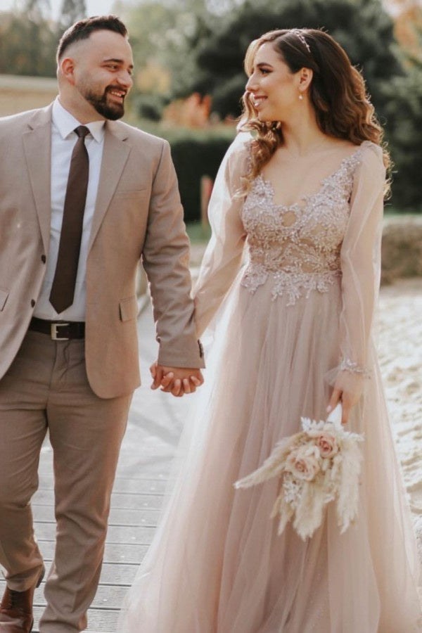 A-line V-neck Spaghetti strap Lace Sequined Floor-length Long Sleeve Applique With Side Train Wedding Dress-Ballbella