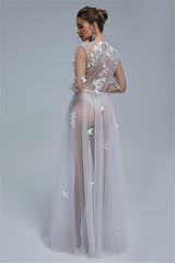 A-line V-neck Tulle Floor-length Long Sleeve Appliques Lace Wedding Dress Cover-Ballbella