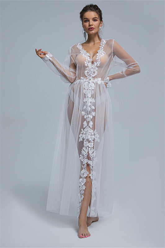 A-line V-neck Tulle Floor-length Long Sleeve Appliques Lace Wedding Dress Cover-Ballbella