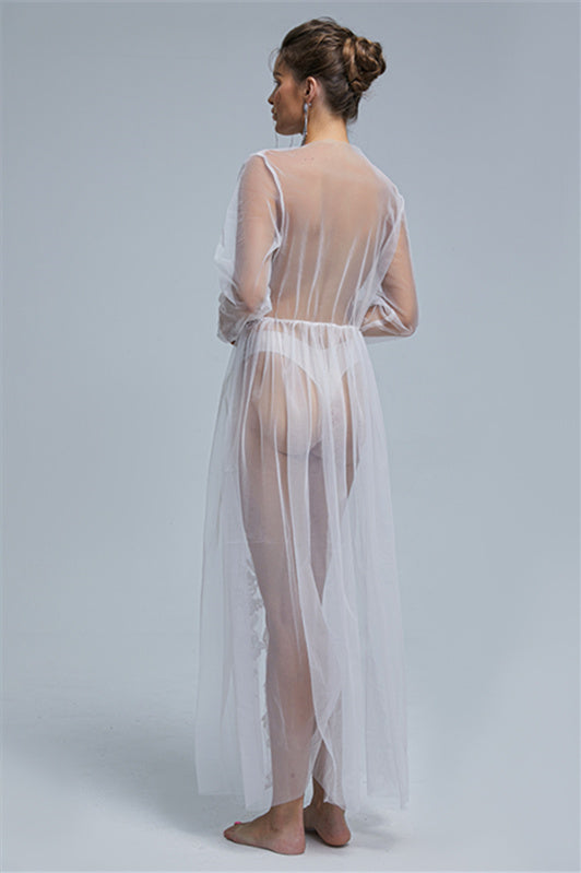 A-line V-neck Tulle Floor-length Long Sleeve Appliques Lace Wedding Dress Cover-Ballbella