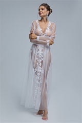 A-line V-neck Tulle Floor-length Long Sleeve Appliques Lace Wedding Dress Cover-Ballbella