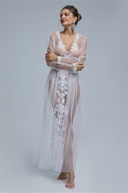 A-line V-neck Tulle Floor-length Long Sleeve Appliques Lace Wedding Dress Cover-Ballbella