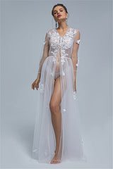 A-line V-neck Tulle Floor-length Long Sleeve Appliques Lace Wedding Dress Cover-Ballbella