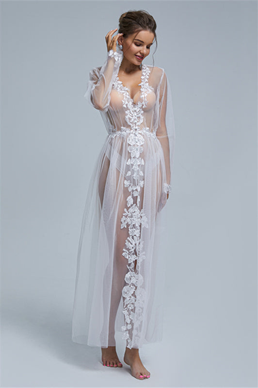 A-line V-neck Tulle Floor-length Long Sleeve Appliques Lace Wedding Dress Cover-Ballbella