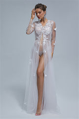 A-line V-neck Tulle Floor-length Long Sleeve Appliques Lace Wedding Dress Cover-Ballbella