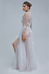A-line V-neck Tulle Floor-length Long Sleeve Appliques Lace Wedding Dress Cover-Ballbella