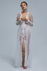 A-line V-neck Tulle Floor-length Long Sleeve Appliques Lace Wedding Dress Cover-Ballbella