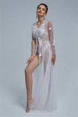 A-line V-neck Tulle Floor-length Long Sleeve Appliques Lace Wedding Dress Cover-Ballbella