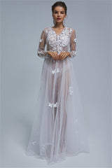 A-line V-neck Tulle Floor-length Long Sleeve Appliques Lace Wedding Dress Cover-Ballbella