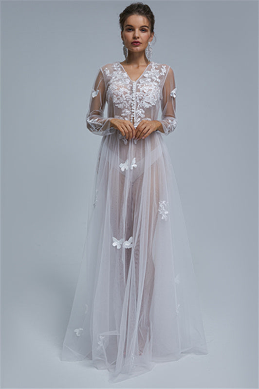A-line V-neck Tulle Floor-length Long Sleeve Appliques Lace Wedding Dress Cover-Ballbella