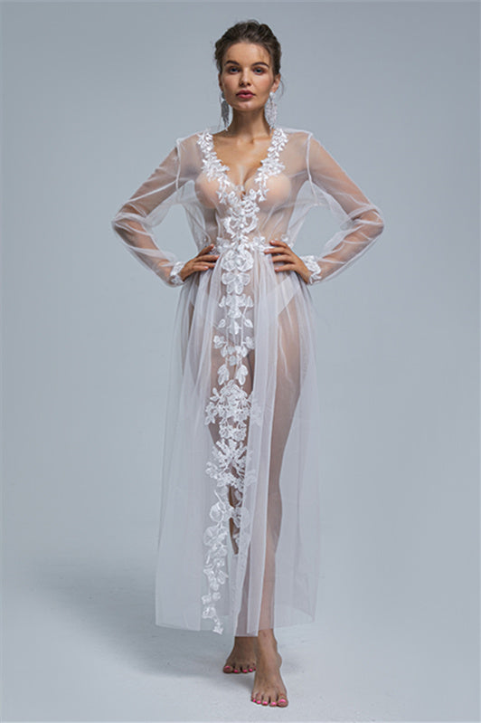 A-line V-neck Tulle Floor-length Long Sleeve Appliques Lace Wedding Dress Cover-Ballbella