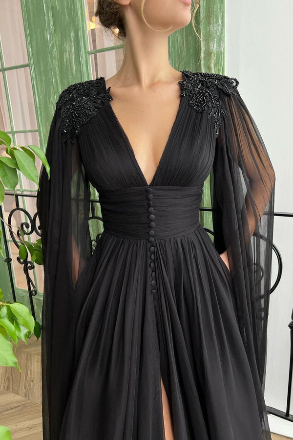 A-line V-neck Tulle Floor-length Long Sleeve Split Front Appliques Lace Vintage Prom Dress-Ballbella