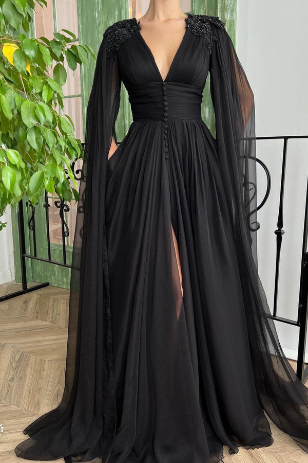 A-line V-neck Tulle Floor-length Long Sleeve Split Front Appliques Lace Vintage Prom Dress-Ballbella
