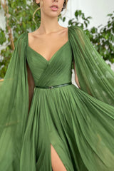A-line V-neck Tulle Floor-length Vintage Prom Dress-Ballbella